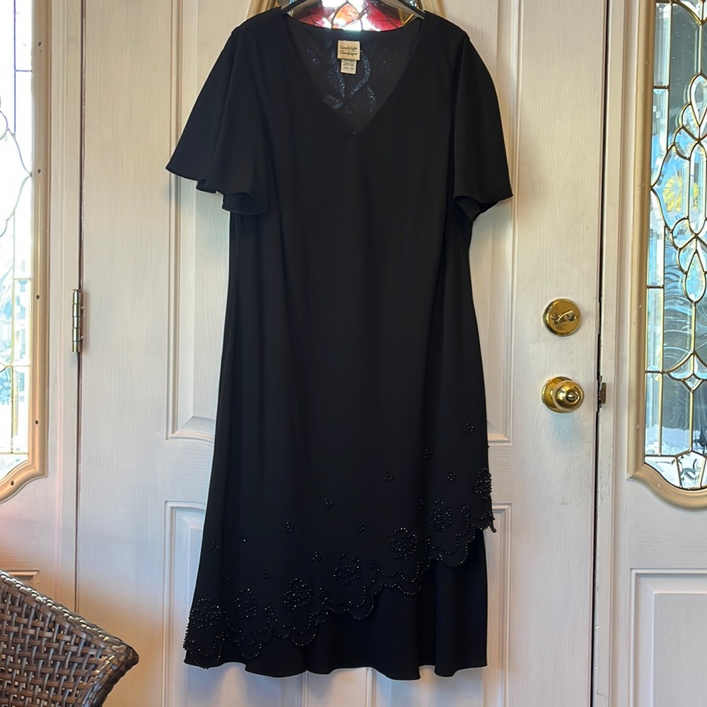 Candlelight & Champagne Black V-neck Dress,  Flutter Sleeves,with beading,SZ 22W